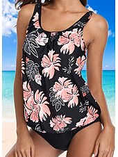 billiga Tankinis-Dam Badkläder Tankini 2 st Kaxig Baddräkt Rynkad Semester Standkläder Blommig Grafisk U-hals Ärmlös Baddräkter