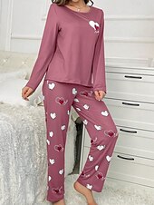 billiga Sovkläder till damer-Dam Pyjamas set Ledigt Komfort Comfrt Hjärta T-shirt Byxa Hem Långärmad Rund hals Rodnande Rosa Vår Höst Vinter
