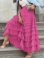 abordables Faldas de gasa-Mujer Falda Línea A Moda Casual Maxi Alta cintura Faldas Color sólido Volante Multi capa Calle Diario Blanco Fucsia Invierno Poliéster