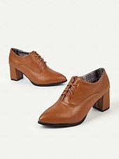 abordables Richelieu femme-Richelieus à lacets en similicuir marron à talon épais de style rétro pour femmes, marron polyvalents pour le travail au bureau ou au quotidien