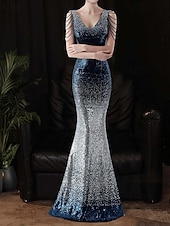 abordables Semi-formel / Cocktail-Robe de Prom Sirène  Trompette Sequin Robe de Soirée Ombre Cocktail Formelle Longue au Sol Sans Manches Col en V avec Perles Sequin