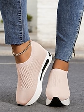 billige Sneakers til kvinner-hvite slip-on-strikkede joggesko for kvinner med pustende mesh og skjult hæl - lette fritidssko for turgåing og hverdagsbruk