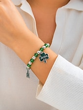 billige Damearmbånd-st. patrick&#039;s day lucky charm armbånd – irsk grønn beaded stretch armbåndsett for kvinner, festlig ferietilbehør med shamrock og bokstavdetaljer