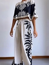 cheap Women's Blouse Suits-Women's Blouse Wide Leg Pants 3/4 Length Sleeve Crew Neck Floral Drawstring Fashion Streetwear Daily Casual Daily White Spring &amp;  Fall Regular Fit