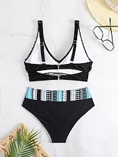 preiswerte Bikini-Sets-Damen Badeanzug Bikinis 2 Stück Cheeky-Bikinihose Bademode Rückenfrei Schlank Urlaub Strandbekleidung Farbblock V Ausschnitt Ärmellos Badeanzüge
