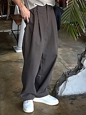 baratos Solto-Homens Social Calças chinês Calças Plissadas Botões Bolsos Perna reta Tecido Conforto Formal Festa Trabalho Moda Estilo Clássico Preto Cinzento Escuro Micro-Elástica