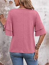 billige Plain t-skjorte-Dame T skjorte عادي Mote Moderne Fritid 3/4 ermer V-hals Vanlige topper Daglig Helg Drapering Rosa Navyblå Kakifarget Sommer Vår