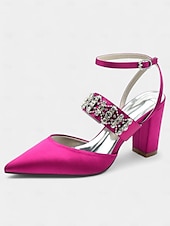 cheap Formal-Women&#039;s Black Satin Pointed Toe Heels – Rhinestone Embellished Ankle Strap Chunky Heels for Evening Parties and Weddings