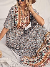 levne Boho šaty-Dámské Maxi šaty Volnočasové šaty Swingové šaty Áčkové šaty Boho šaty Na běžné nošení Denní Běžný Květinový Poloviční rukáv Do V Žlutá Rubínově červená Vodní modrá Léto Jaro Podzim