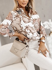 voordelige Vrouwen&#039;s Kunst &amp; Design Tops-Dames Overhemd Blouse Bloemig Grafisch Basic Casual Lange mouw Overhemdkraag Normale tops Dagelijks Knop Afdrukken Zwart Wit Blozend Roze Herfst Winter