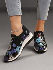 levne Dámské tenisky-dámské květinové flitrové slip-on tenisky - pohodlné třpytivé ležérní boty s klínovou podrážkou, ideální na procházky nebo párty