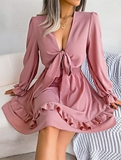 abordables Vestidos casuales blancos-Mujer Mini vestido Vestido informal Vestido de una línea Elegante Estilo lindo Casual Vacaciones Fiesta Diario Ajuste regular Plano Manga Larga Escote en Pico Blanco Rosa Azul Piscina Primavera Otoño