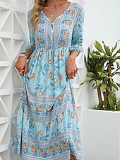 abordables Robes Bohémiennes-Femme Robe Maxi Robe casual Robes bohème chic Robe Trapèze robe boheme Bohême Le style mignon mode Vacances du quotidien Plage Ample Graphic Manches 3/4 Col V Rose Claire Bleu Abricot Printemps