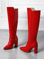 baratos Botas da moda-botas femininas pretas de couro envernizado até o joelho com saltos altos, design elegante para uso noturno moderno e ocasiões especiais