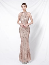 abordables ROUGE-Robe de soirée en sirène  trompette élégante Robe formelle mariage longueur de sol sans manches col halter sequins avec paillettes frange 2025