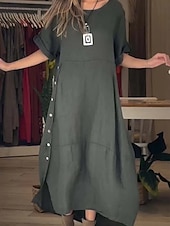 halpa Mekot-Naisten Mini mekko Pellava-inspiroidut mekot Rento mekko Tavallinen mekko Puuvillainen Maxi Mekko Vapaa-aika Urheilu ja ulkoilu Katu Normaali Tavallinen Lyhythihainen Tiukka pyöreä kaula-aukko Apila