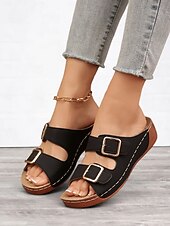 cheap Vacation Sandals-Women&#039;s Dark Blue Double Buckle Slip-On Sandals with Cushioned Sole, Casual Summer Shoes for Beach and Everyday Wear