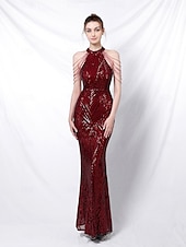 abordables ROUGE-Robe de soirée en sirène  trompette élégante Robe formelle mariage longueur de sol sans manches col halter sequins avec paillettes frange 2025