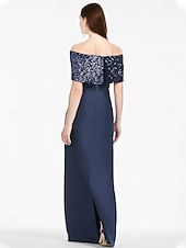 abordables VERT-Robe de Soirée Fourreau  Colonne Élégante Robe de Mariage Formelle Longueur de Sol Manches Courtes Hors Épaule Satin avec Paillettes Fente