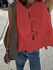 economico Camicie-Per donna Abbottonare Camicia in cotone e lino Tinta unica Essenziale Casual Senza Maniche Girocollo Top Regolari Quotidiano Volant Nero Bianco Rosso Estate Primavera