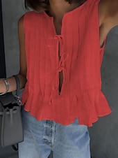economico Camicie-Per donna Abbottonare Camicia in cotone e lino Tinta unica Essenziale Casual Senza Maniche Girocollo Top Regolari Quotidiano Volant Nero Bianco Rosso Estate Primavera