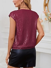 preiswerte Tank-Shirts &amp; kurze Jäckchen für Damen-Damen Spaghetti-Top einfarbig Basic lässig ärmellos V-Ausschnitt reguläre Tops täglichen Pailletten Schwarz Wein Sommer Frühling