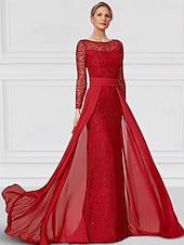 preiswerte Bodenlänge-Kleid  Säulen-Kleid Brautmutter Kleid Elegantes Bateau-Ausschnitt Bodenlang Chiffon Spitze Lange Ärmel mit Spitze Einfarbig