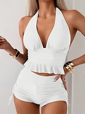 billige Bikinisett-Dame Badetøy 2 stk Shorts Badedrakt Drapering Ferie Mote Helfarge Ermeløs Badedrakter