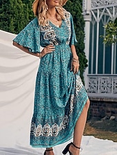 levne Boho šaty-Dámské Maxi šaty Volnočasové šaty Swingové šaty Áčkové šaty Boho šaty Na běžné nošení Denní Běžný Květinový Poloviční rukáv Do V Žlutá Rubínově červená Vodní modrá Léto Jaro Podzim