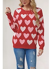 billige Solide farger-kvinners valentin rosa hjertegenser genser elegant ensfarget v-hals strikket lange ermer vanlige topper strikket mote streetwear utendørs daglig helg svart rosa høst vinter