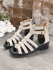 cheap Casual Sandals-Women&#039;s Gladiator Strappy Open Toe Sandals with Double Buckle, Low Wedge Heel Comfortable Summer Shoes for Casual, Vacation, and Daily Wear