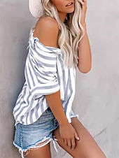 cheap Work Tops-Women&#039;s Shirt Blouse Striped Casual Short Sleeve Shirt Collar Regular Tops Daily Buttons Print Blue Gray Summer Spring