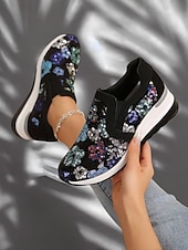 levne Dámské tenisky-dámské květinové flitrové slip-on tenisky - pohodlné třpytivé ležérní boty s klínovou podrážkou, ideální na procházky nebo párty