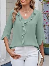 billige Kvinne Enkle Topper-Dame Skjorte Bluse Helfarge Grunnleggende Fritid 3/4 ermer V-hals Vanlige topper Daglig Drapering Lapper Himmelblå Fuksia Grønn Sommer Vår