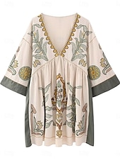 billiga Bohemklänningar-Dam Mini klänning Vardagsklänning A linjeklänning Boho-klänning bohemliv Ledigt Semester Dagligen Normal Blommig 3/4 ärm V-hals Beige Vår Höst