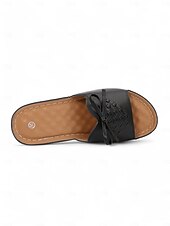 cheap Vacation Sandals-Women&#039;s Brown Open-Toe Slide Sandals with Woven Pattern and Bow Detail - Comfortable Casual Footwear for Summer and Daily Wear