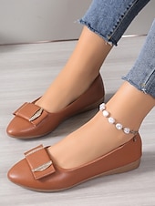 cheap Women&#039;s Flats-Women&#039;s Brown Faux Leather Pointed-Toe Flats with Bow and Rhinestone Detailing - Casual and Office Wear Shoes
