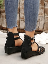 cheap Casual Sandals-Women&#039;s Gladiator Strappy Open Toe Sandals with Double Buckle, Low Wedge Heel Comfortable Summer Shoes for Casual, Vacation, and Daily Wear