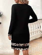 billiga Casual svart klänning-Dam Mini klänning Svart klänning Vardagsklänning Cocktail klänning Bodycon Stylish Ledigt Semester Dagligen Normal Leopard Långärmad Rund hals Svart Vår Höst