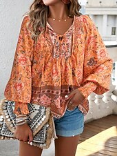 billige Kvinnenes ferietopper-Dame Skjorte Bluse Blomstret Bohem Fritid Langermet V-hals Vanlige topper Daglig Trykt mønster Gul Rosa Navyblå Blå Oransje Sommer Vår Høst
