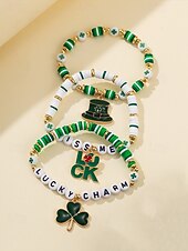 billige Damearmbånd-st. patrick&#039;s day lucky charm armbånd – irsk grønn beaded stretch armbåndsett for kvinner, festlig ferietilbehør med shamrock og bokstavdetaljer