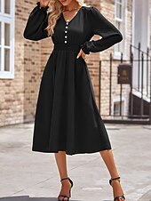preiswerte Kleider für die Arbeit-Damen Midikleid Casual kleid A Linie Kleid Stilvoll Basic Brautkleider schlicht Urlaub Täglich Regular Fit Glatt Langarm V Ausschnitt Schwarz Armeegrün Sommer Frühling