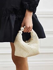 cheap Clutches &amp; Evening Bags-Women&#039;s Faux Pearl Beaded Handbag with Large Pearl Handle, Elegant Evening Clutch for Weddings, Parties and Formal Events Black Silver Beige