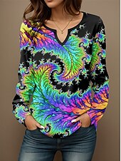 abordables Camiseta de Arte &amp; Diseño-Mujer Camiseta Graphic Casual Manga Larga Cuello con muescas. Tops regulares Diario Estampado Azul Piscina Primavera Otoño