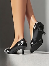 ieftine Tocuri kitten-pantofi de damă eleganti din piele artificială neagră | împodobit cu nit, perfect pentru lucru și petreceri
