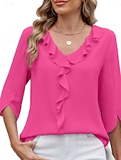 billige Kvinne Enkle Topper-Dame Skjorte Bluse Helfarge Grunnleggende Fritid 3/4 ermer V-hals Vanlige topper Daglig Drapering Lapper Himmelblå Fuksia Grønn Sommer Vår