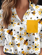 cheap Floral Tops-Women&#039;s Shirt Bee Modern Casual Long Sleeve Shirt Collar Regular Tops Work Daily Buttons Print Yellow Spring Fall