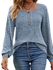 billige Kvinne Enkle Topper-Dame T skjorte عادي Mote Moderne Fritid Langermet Crew-hals Vanlige topper Daglig Helg Knapper Rosa Blå Kakifarget Sommer Vår
