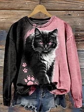 economico Animali Tops-felpa con cappuccio casual da donna con stampa a maniche lunghe con gatto rosa autunno inverno