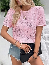 billige Dressy topper-Dame Paljetter Glitrende Party Glimmer عادي Mote Moderne Fritid Kortermet Crew-hals Vanlige topper Daglig Helg Paljetter Svart Rosa Gull Sommer Vår